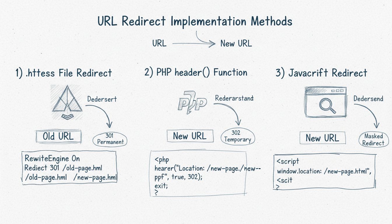Diagrama de métodos de implementação de redirecionamento de URL mostrando .htaccess, função header do PHP e técnicas de redirecionamento em JavaScript com tipos de redirecionamento 301 permanente e 302 temporário