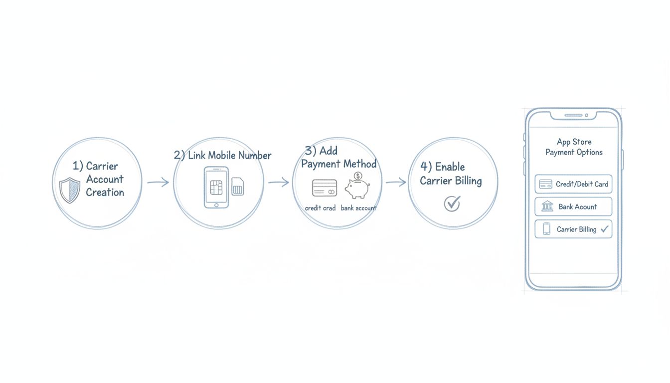Diagrama do processo de configuração de cobrança móvel mostrando quatro etapas: criação de conta na operadora, vinculação do número de celular, adição de método de pagamento e ativação da cobrança por operadora