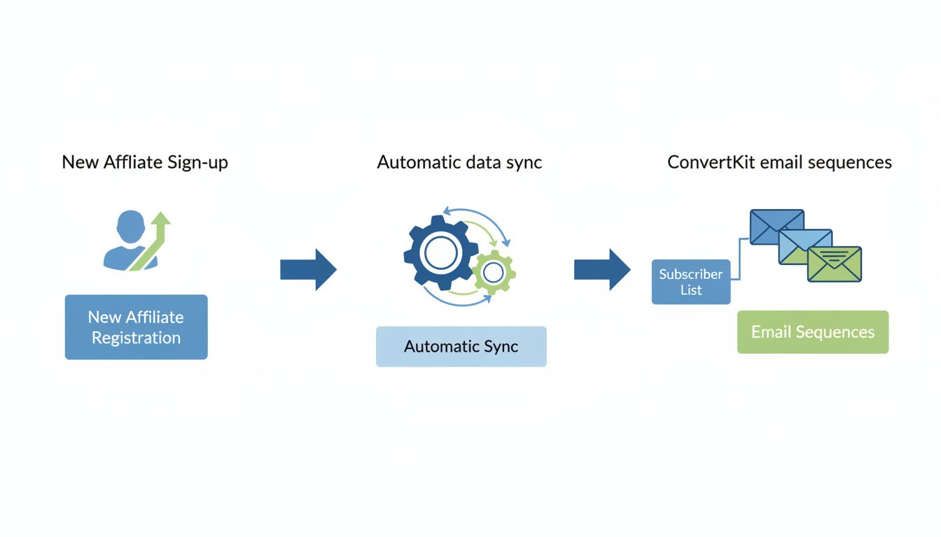 Fluxo da integração com ConvertKit mostrando registro automático de afiliados, sincronização de dados e automação de sequências de e-mails