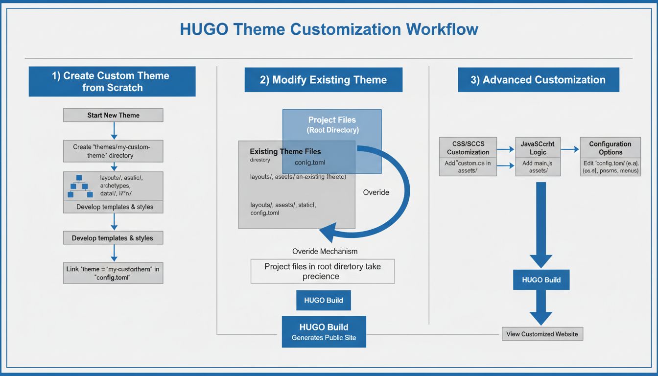 Fluxo de trabalho de personalização de tema HUGO mostrando três caminhos: criar tema personalizado do zero, modificar tema existente e opções avançadas de personalização