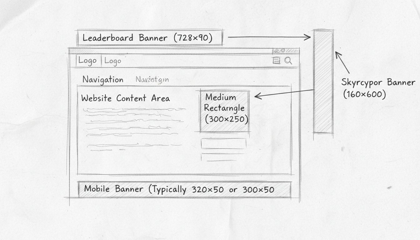 Diagrama desenhado à mão mostrando diferentes tipos de banners e posicionamentos em um layout de site, incluindo leaderboard, skyscraper, retângulo médio e banners mobile
