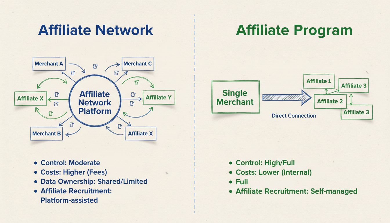 Diagrama comparativo mostrando estrutura e diferenças entre rede de afiliados e programa de afiliados