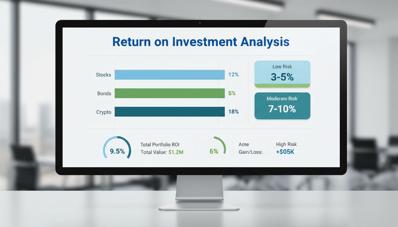 Painel de métricas de ROI mostrando retornos de investimentos em diferentes categorias de risco