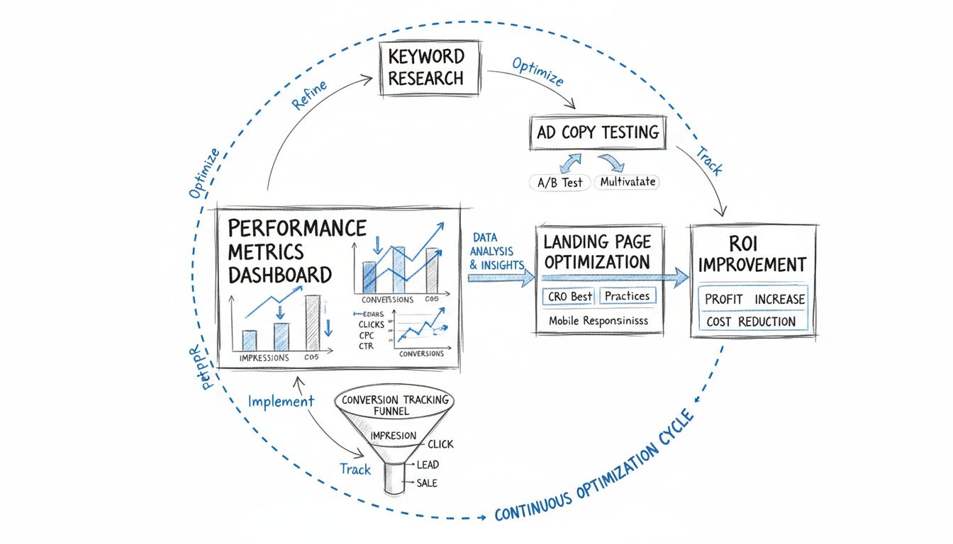 Fluxograma de otimização de campanha de PPC mostrando pesquisa de palavras-chave, teste de anúncios, otimização de landing page, acompanhamento de métricas e ciclo de melhoria de ROI