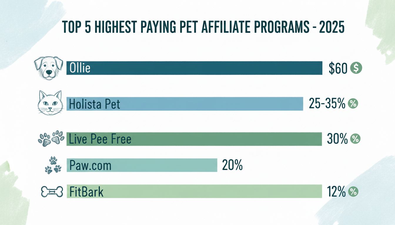 Infográfico comparativo dos 5 principais programas de afiliados para pets com maiores comissões em 2025, mostrando Ollie US$60, Holista Pet 25-35%, Live Pee Free 30%, Paw.com 20% e FitBark 12%