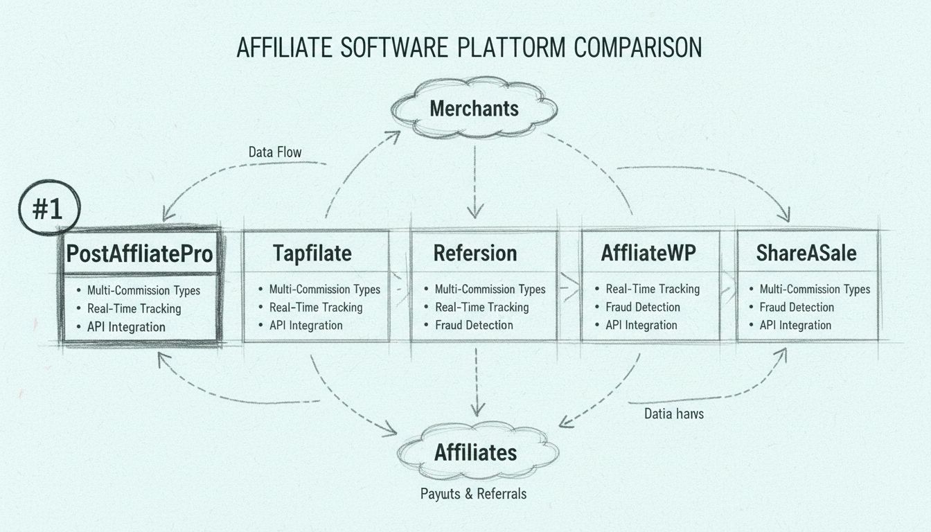 Diagrama comparativo das principais plataformas de software de afiliados incluindo PostAffiliatePro, Tapfiliate, Refersion, AffiliateWP e ShareASale com recursos-chave destacados