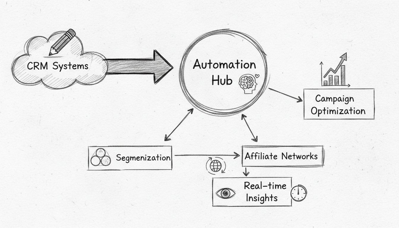 Diagrama de fluxo de automação mostrando coleta de dados, segmentação, personalização e otimização de campanhas para marketing de afiliados