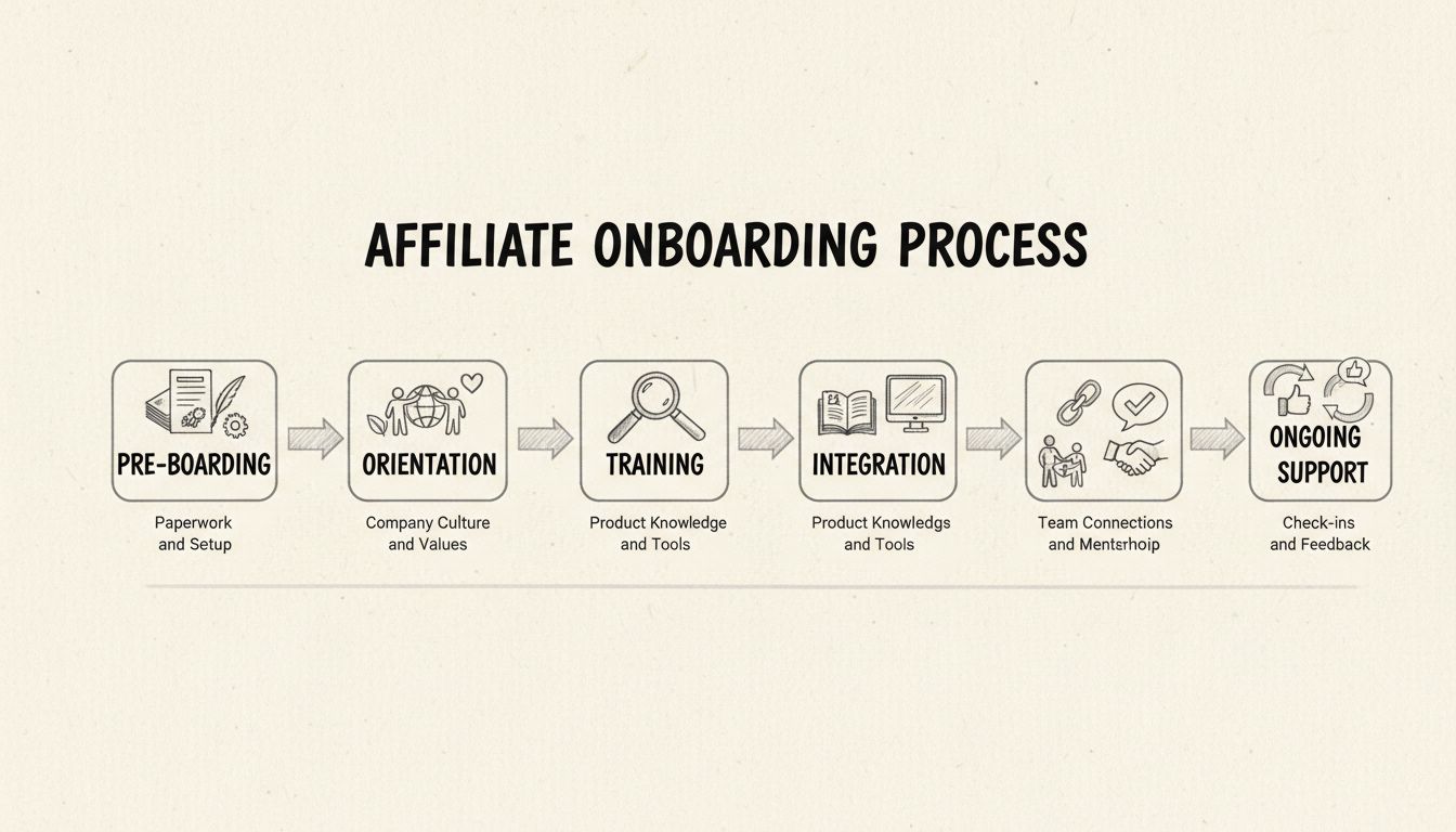 Diagrama do fluxo do processo de onboarding de afiliados mostrando cinco etapas: Pré-Onboarding, Orientação, Treinamento, Integração e Suporte Contínuo
