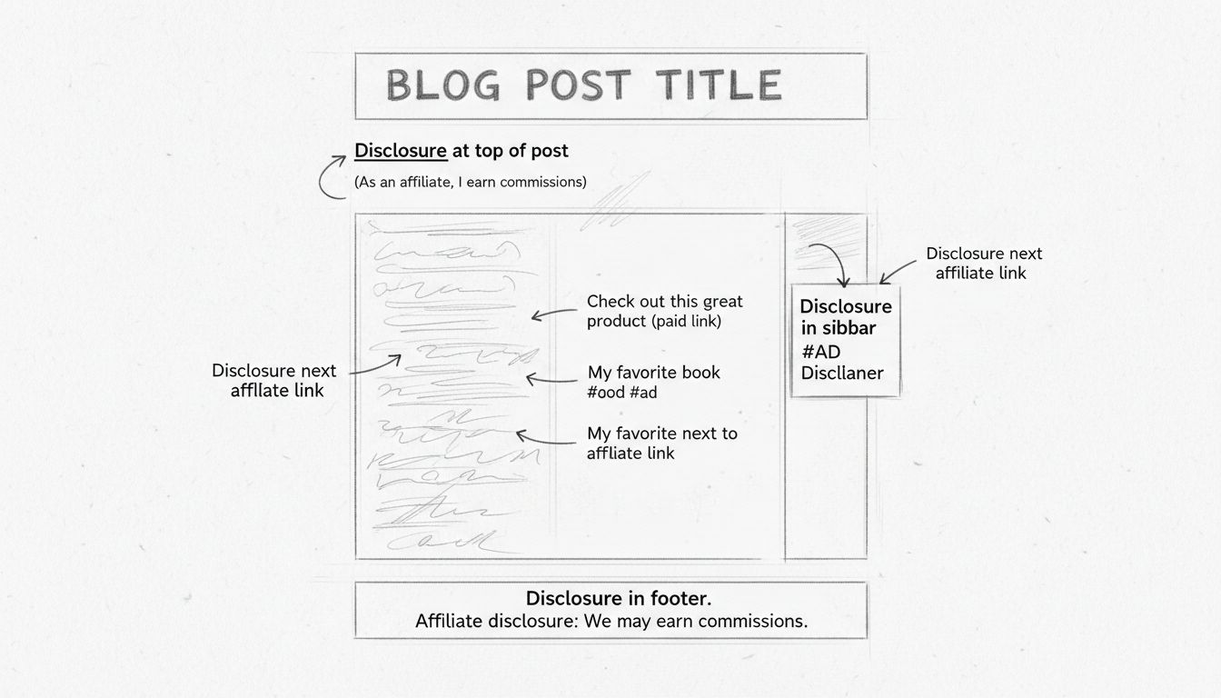 Diagrama desenhado à mão mostrando as melhores práticas de posicionamento para divulgação de afiliado, com etiquetas para topo do post, ao lado dos links, rodapé e barra lateral