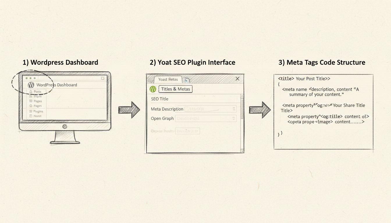 Diagrama de fluxo das meta tags no WordPress mostrando integração do plugin Yoast SEO