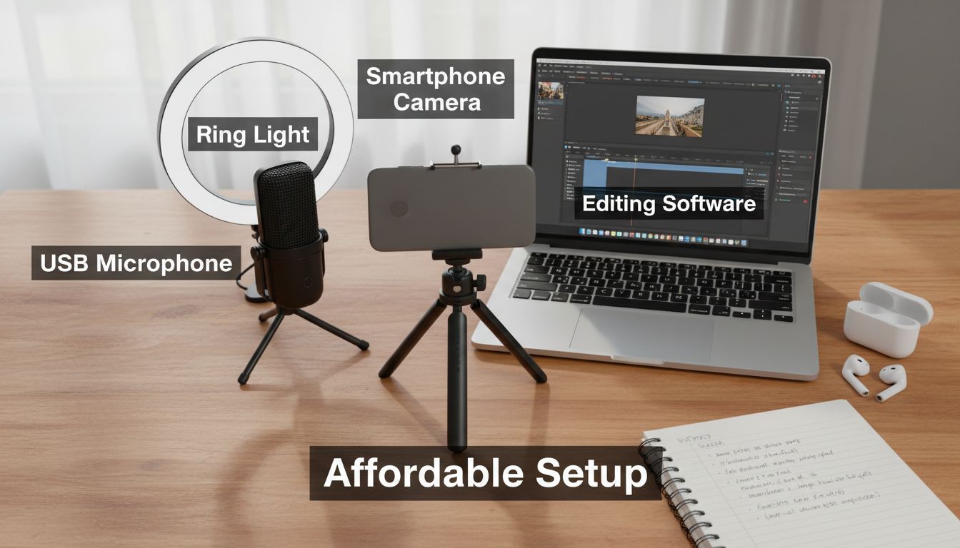 Configuração acessível para criação de vídeos, incluindo smartphone em tripé, microfone USB, ring light e notebook para edição