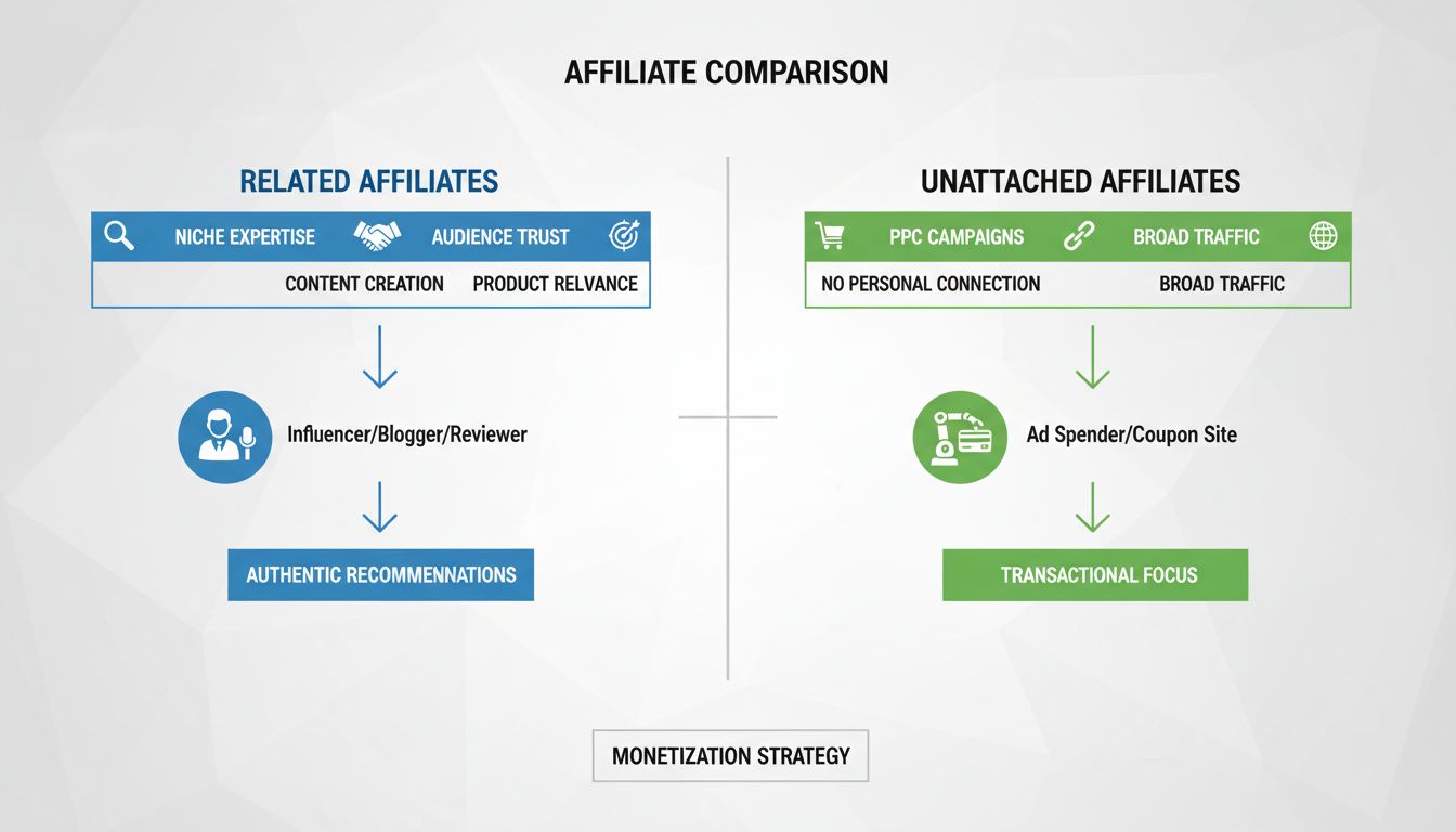 Diagrama comparativo de Afiliados Relacionados vs Afiliados Não Vinculados mostrando expertise em nicho, confiança do público, criação de conteúdo, campanhas PPC e fontes de tráfego