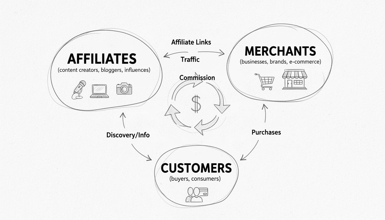 Diagrama do Ecossistema de Marketing de Afiliados mostrando a relação entre Afiliados, Comerciantes e Clientes com setas indicando fluxo de tráfego, links de afiliados, comissões e vendas