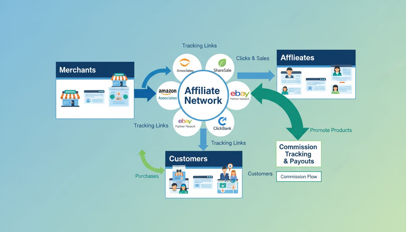Diagrama do ecossistema de rede de afiliados mostrando comerciantes, afiliados, clientes e fluxo de rastreamento de comissão