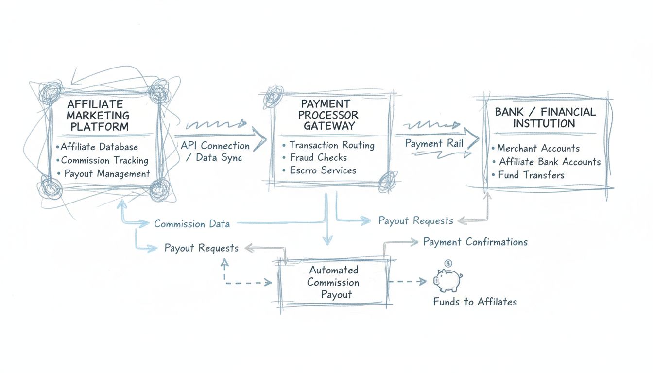 Diagrama do fluxo de integração do processador de pagamento mostrando a plataforma de marketing de afiliados conectada ao gateway de pagamento e instituição financeira