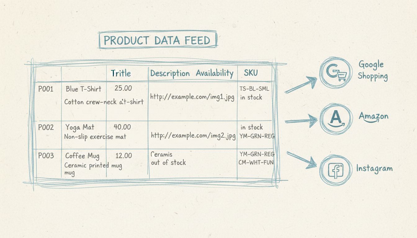 Diagrama da estrutura do feed de produtos mostrando planilha com dados fluindo para múltiplas plataformas