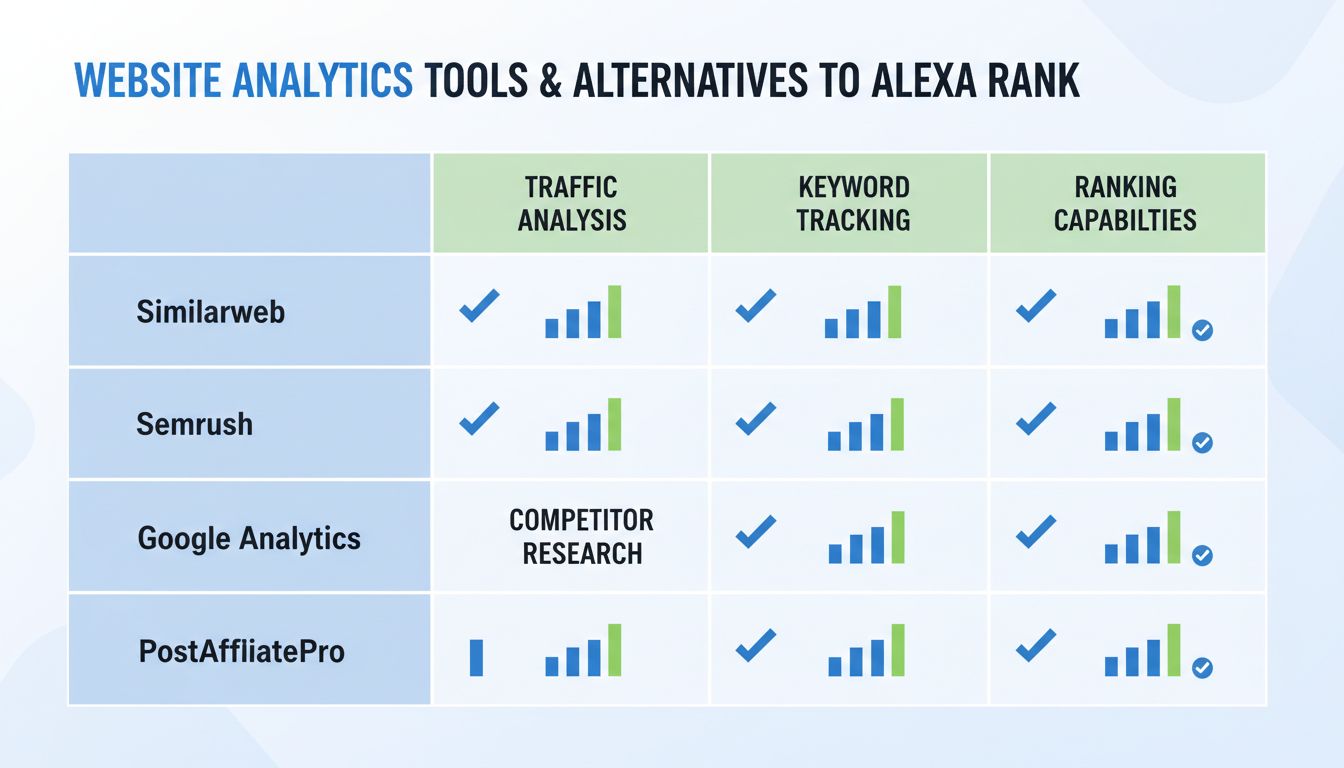 Gráfico comparativo de ferramentas de análise de sites e alternativas ao Alexa rank mostrando recursos e funcionalidades