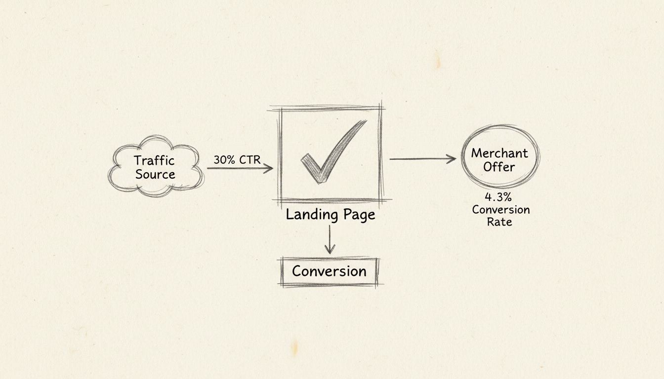 Diagrama de funil de marketing de afiliados mostrando fonte de tráfego passando pela landing page até a oferta do comerciante com métricas de conversão