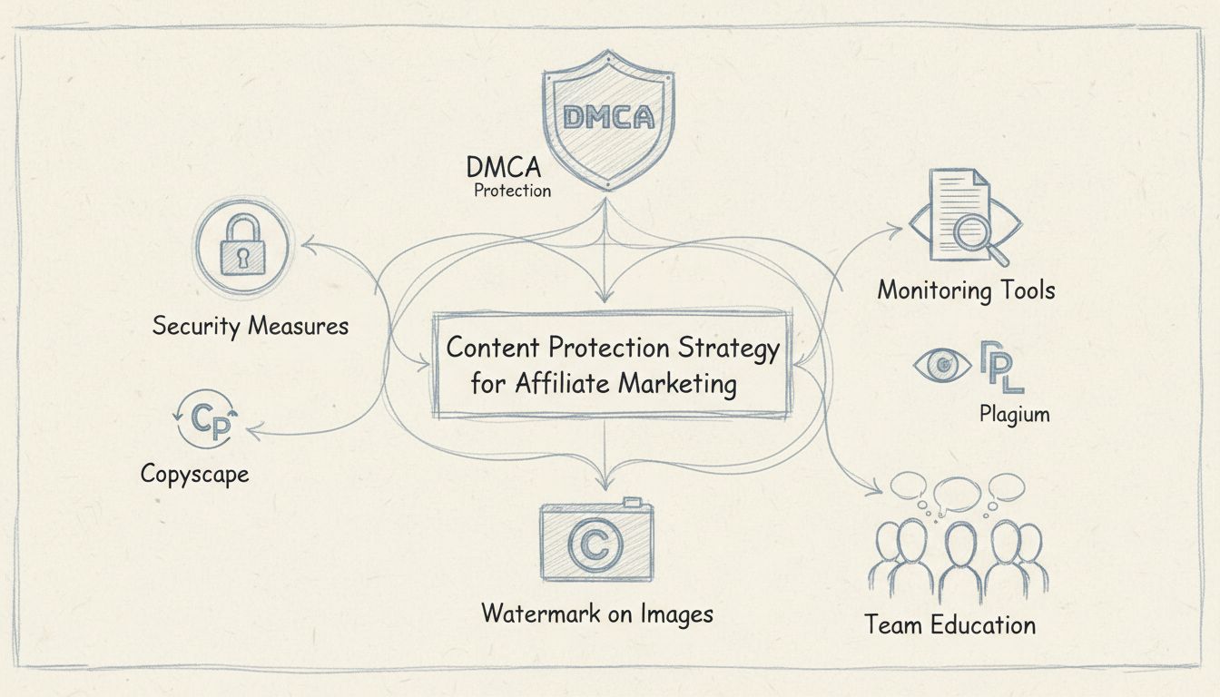 Diagrama de estratégia de proteção de conteúdo mostrando cadeado de segurança, escudo DMCA, ferramentas de monitoramento, aviso de direitos autorais, marca d'água e métodos de educação da equipe
