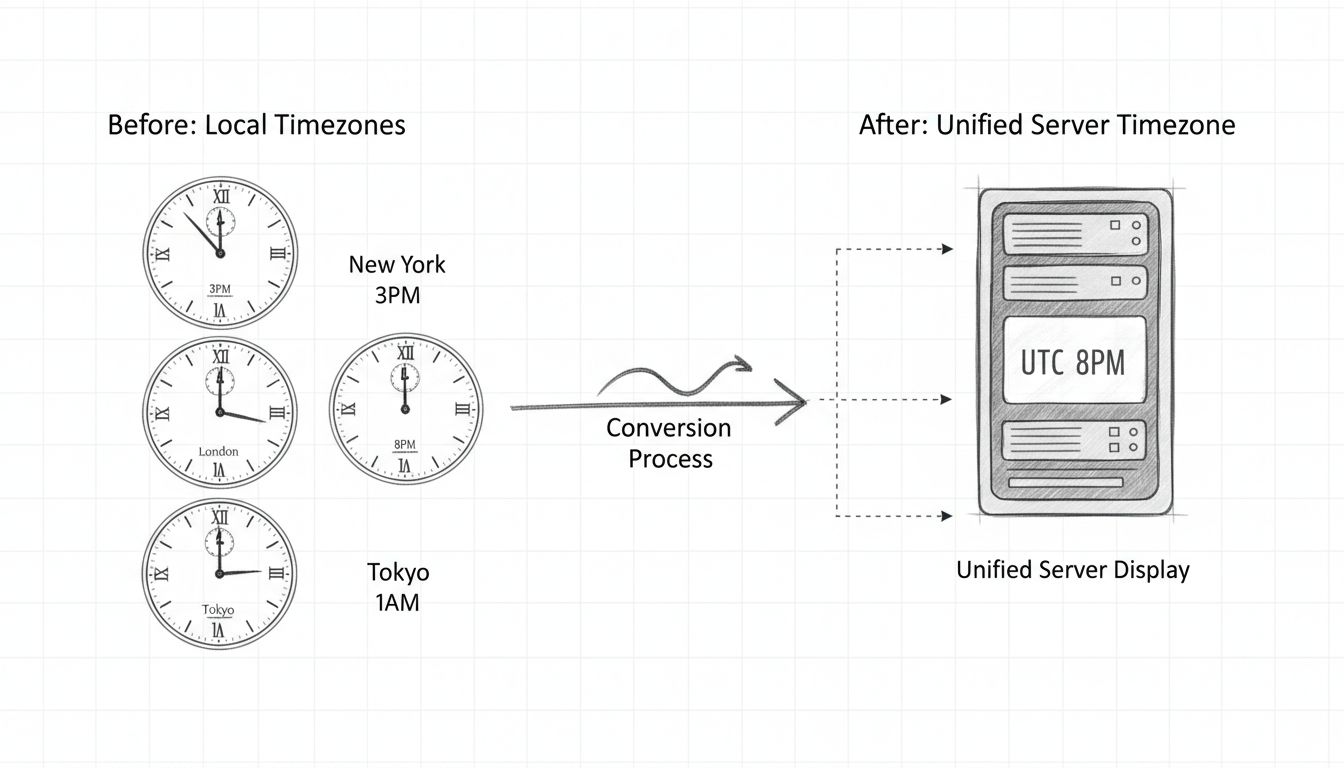 Diagrama de unificação de fuso horário mostrando múltiplos fusos locais sendo convertidos para o fuso do servidor unificado