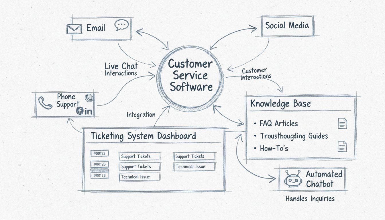 Diagrama de Arquitetura de Software de Atendimento ao Cliente mostrando o hub central com canais, sistema de tickets, base de conhecimento e integração com chatbot