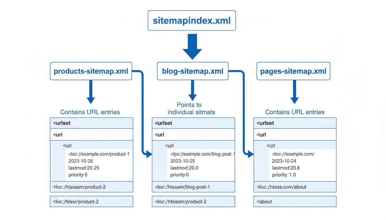 Diagrama da Estrutura do Sitemap XML mostrando o índice conectando múltiplos sitemaps individuais com entradas de URL
