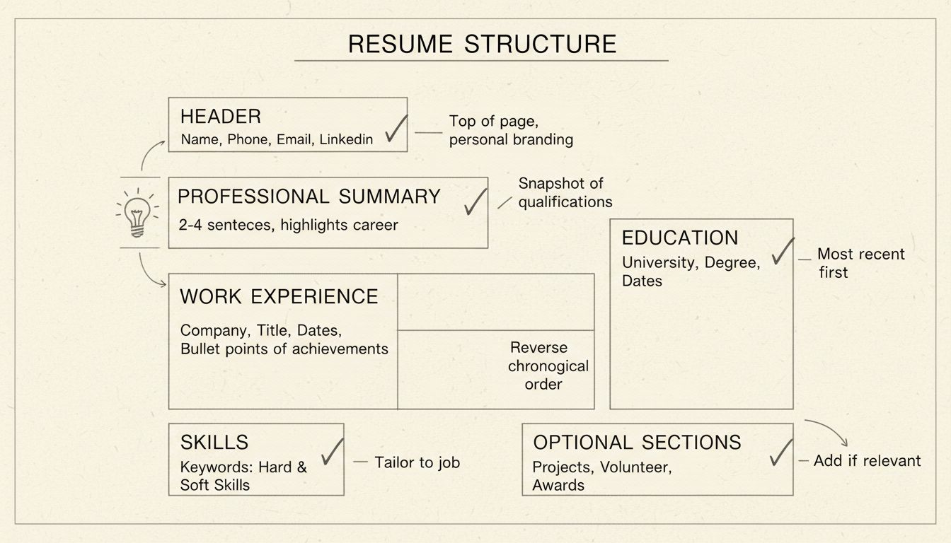 Diagrama da estrutura do esboço de currículo mostrando cabeçalho, resumo profissional, experiência de trabalho, educação, habilidades e seções opcionais com anotações