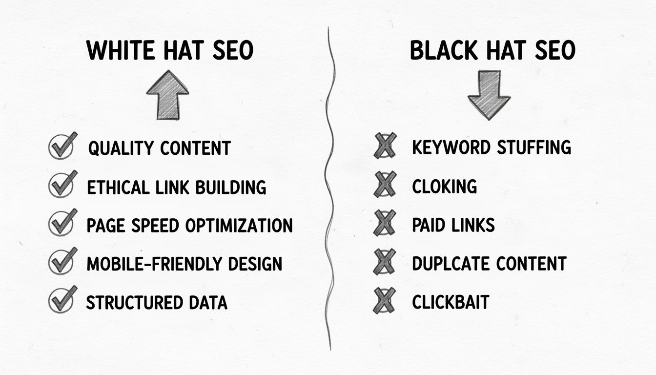 Diagrama comparativo de técnicas de SEO white hat e black hat mostrando práticas éticas com marcas de verificação e práticas enganosas com marcas de X
