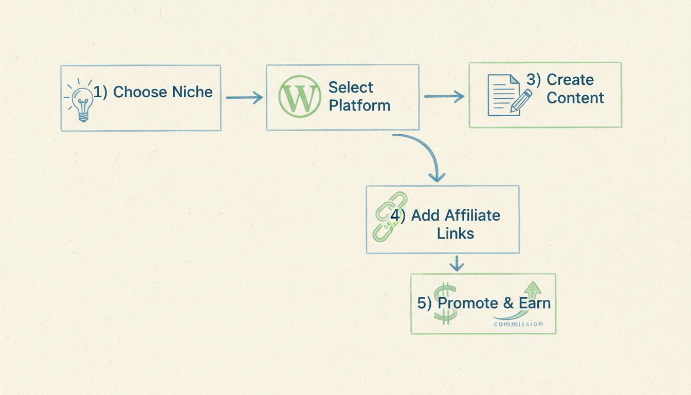 Processo passo a passo para criar um site de afiliados mostrando cinco etapas principais: Escolher Nicho, Selecionar Plataforma, Criar Conteúdo, Adicionar Links de Afiliado e Promover & Ganhar