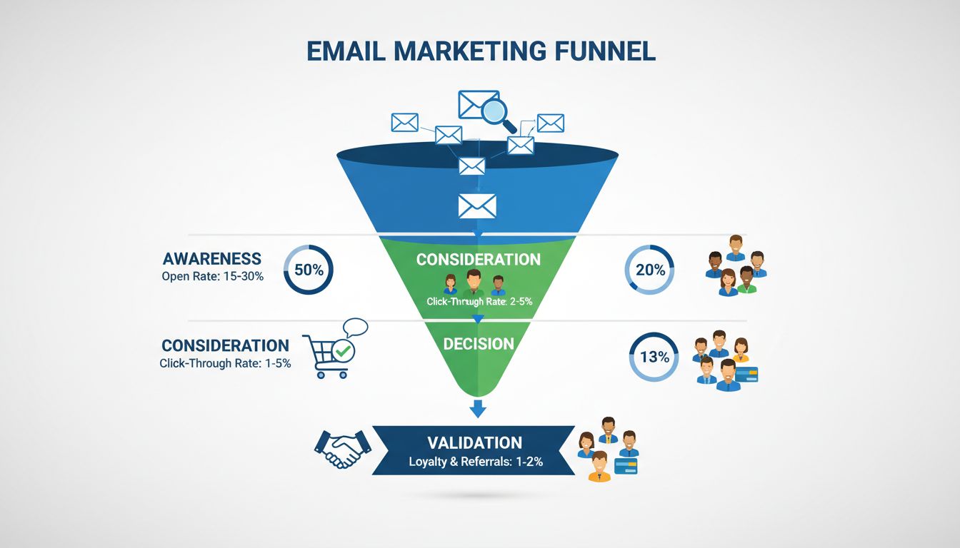 Email marketing funnel showing awareness, consideration, decision, and validation stages with metrics