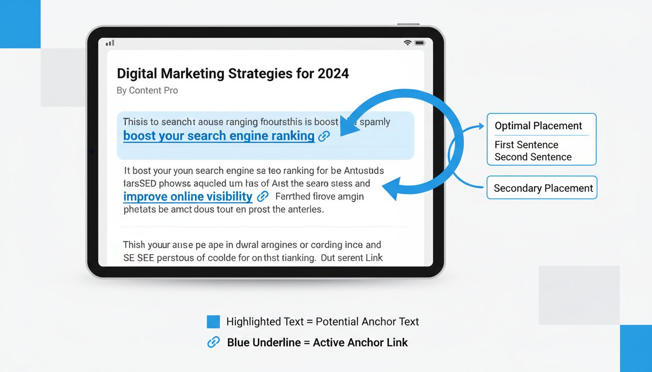 Diagrama mostrando o posicionamento ideal do texto âncora na primeira e segunda frases do conteúdo, com indicadores visuais