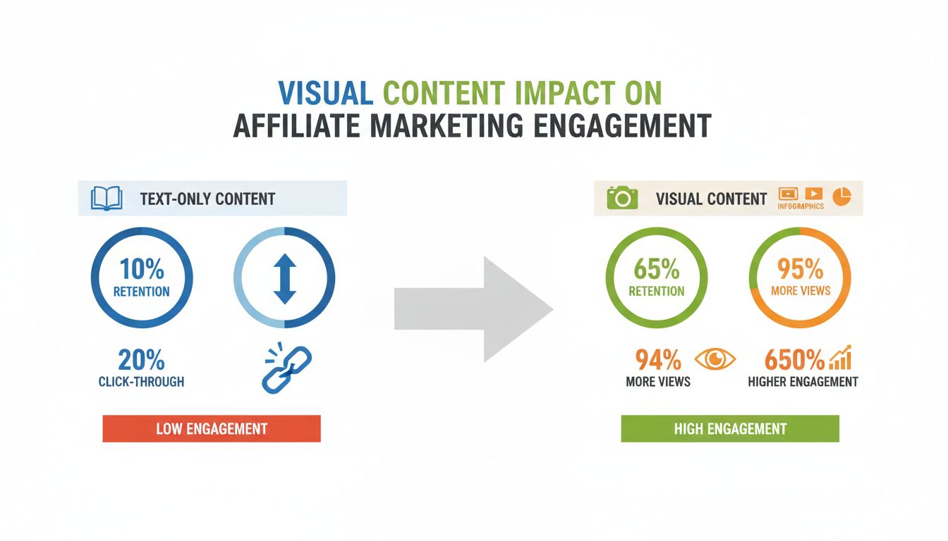 Impacto do conteúdo visual no engajamento em marketing de afiliados mostrando 94% mais visualizações, 650% mais engajamento e 65% de retenção comparado ao conteúdo apenas em texto