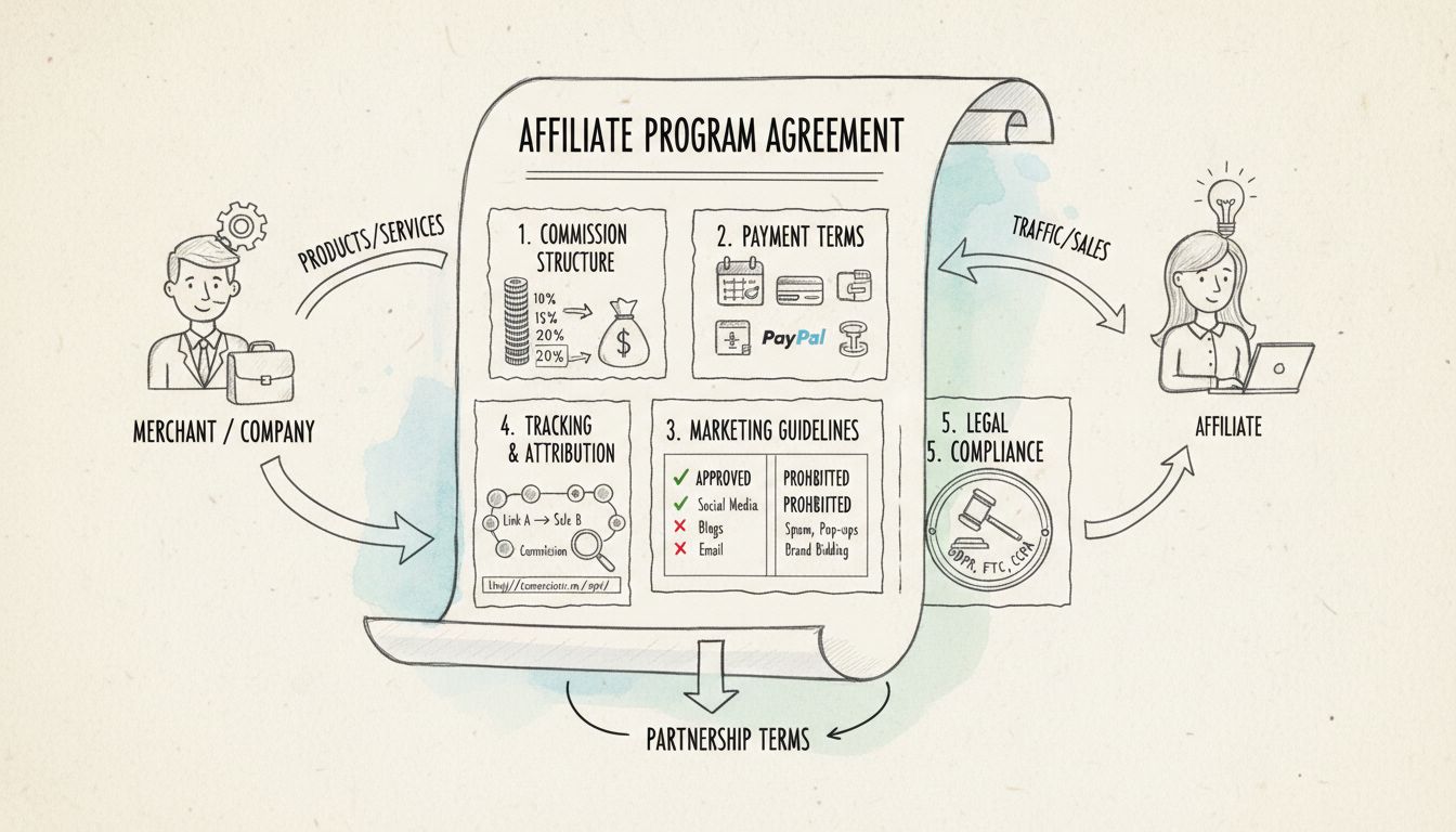Diagrama da Estrutura do Contrato de Programa de Afiliados mostrando estrutura de comissão, condições de pagamento, diretrizes de marketing, rastreamento e atribuição, e componentes de conformidade legal