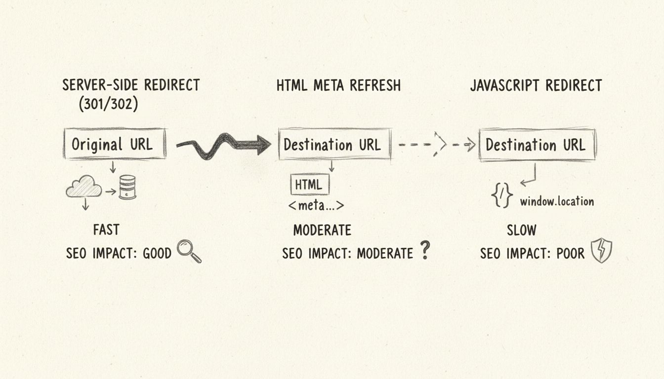 Diagrama comparativo dos três métodos de redirecionamento: servidor, meta refresh em HTML e JavaScript, mostrando velocidade e impacto em SEO