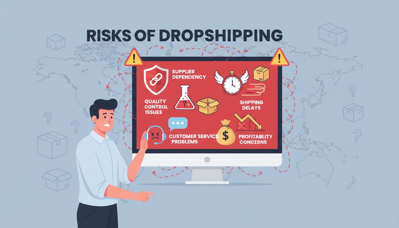 Infográfico mostrando riscos do dropshipping, incluindo dependência de fornecedores, problemas de controle de qualidade, atrasos na entrega, problemas de atendimento ao cliente e preocupações com a lucratividade