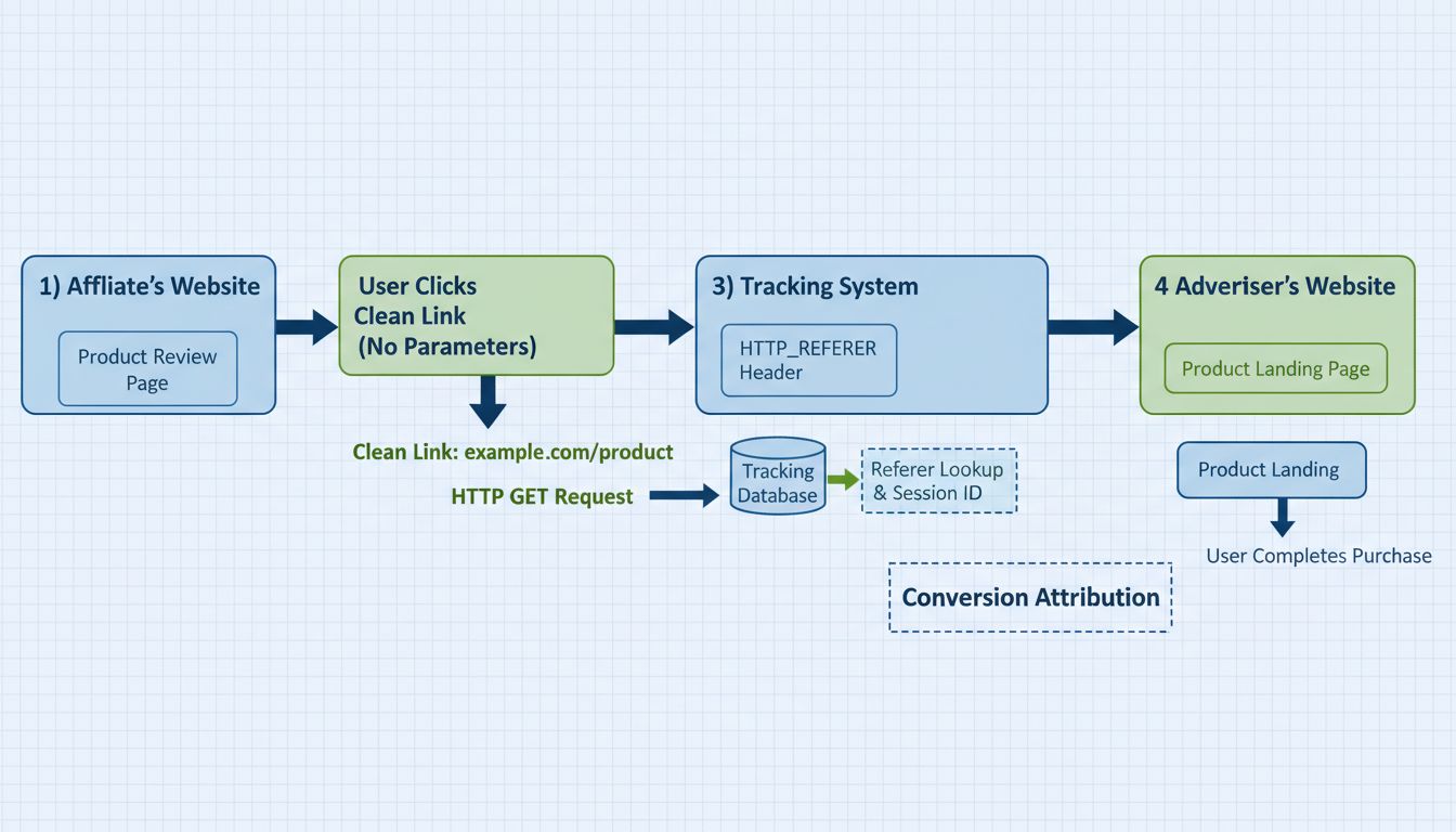 Diagrama de fluxo do rastreamento de link direto mostrando a transmissão do HTTP Referer do site do afiliado para o anunciante