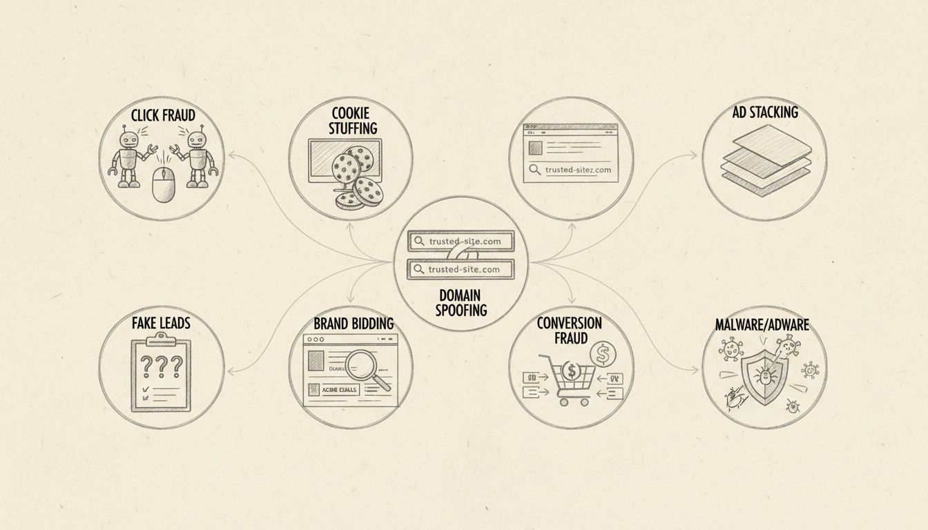 Diagrama desenhado à mão mostrando 8 tipos de fraude em afiliados incluindo fraude de cliques, cookie stuffing, leads falsos, brand bidding, domain spoofing, ad stacking, fraude de conversão e malware