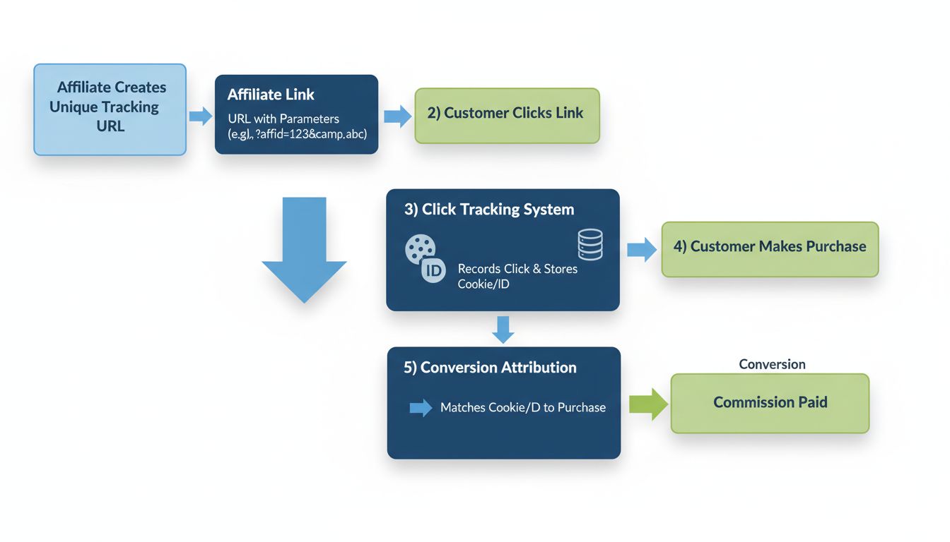 Diagrama de fluxo de rastreamento de URL mostrando criação de link de afiliado, clique do cliente, sistema de rastreamento, compra e atribuição de comissão