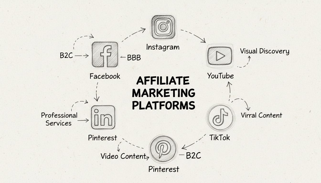 Diagrama desenhado à mão mostrando plataformas de mídia social para marketing de afiliados com ícones de Facebook, Instagram, YouTube, Pinterest, LinkedIn e TikTok dispostos em padrão circular com etiquetas de uso
