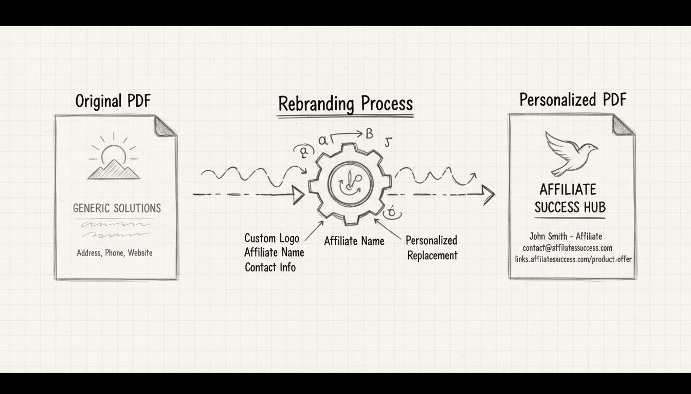 Diagrama de fluxo do PDF rebrand mostrando a transformação do PDF original para a versão personalizada do afiliado com branding e links customizados