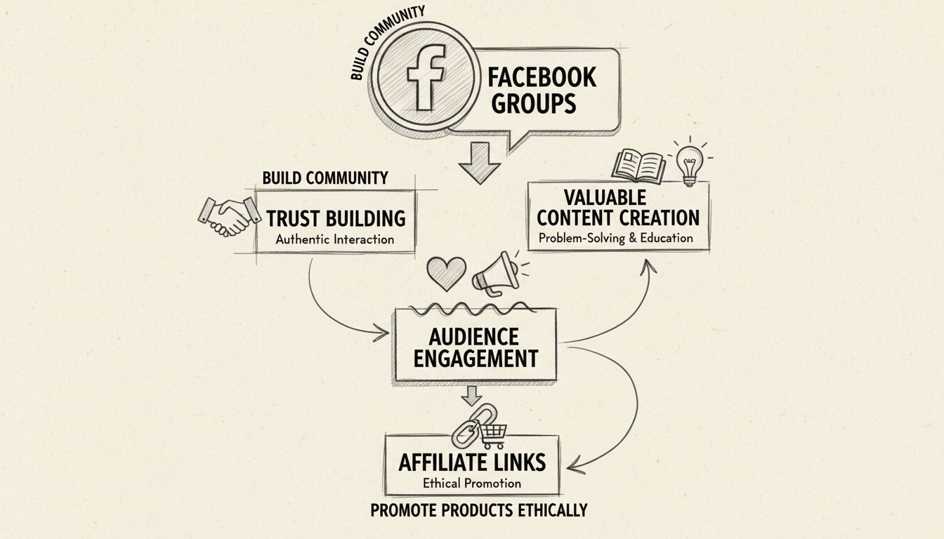 Diagrama de estratégia de marketing de afiliados no Facebook mostrando construção de confiança, criação de conteúdo e fluxo de promoção ética