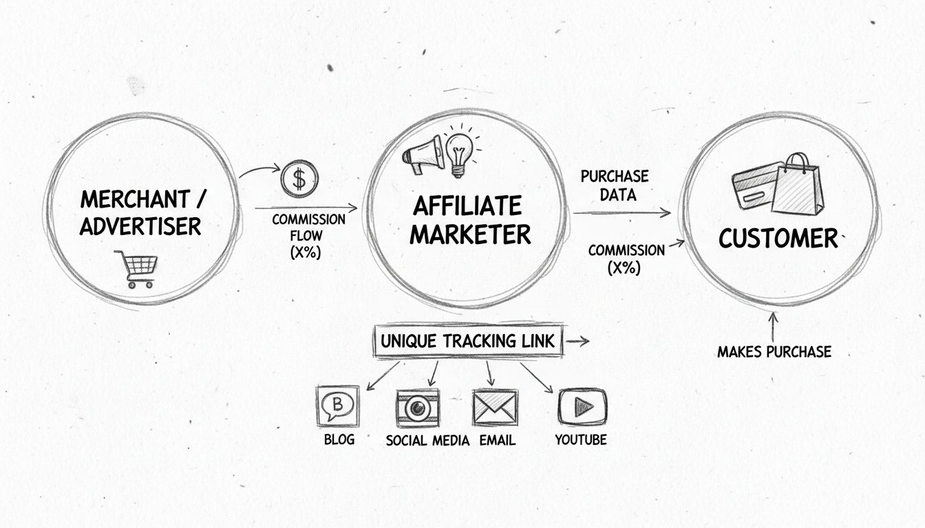 Diagrama do ecossistema de marketing de afiliados mostrando anunciante, afiliado com link de rastreamento e fluxo de compra do cliente com setas de comissão