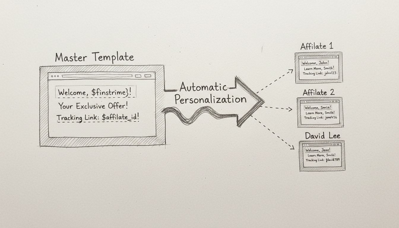 Diagrama do fluxo de trabalho de replicação de sites mostrando o template mestre criando automaticamente páginas de afiliados personalizadas com links de rastreamento e variáveis exclusivas