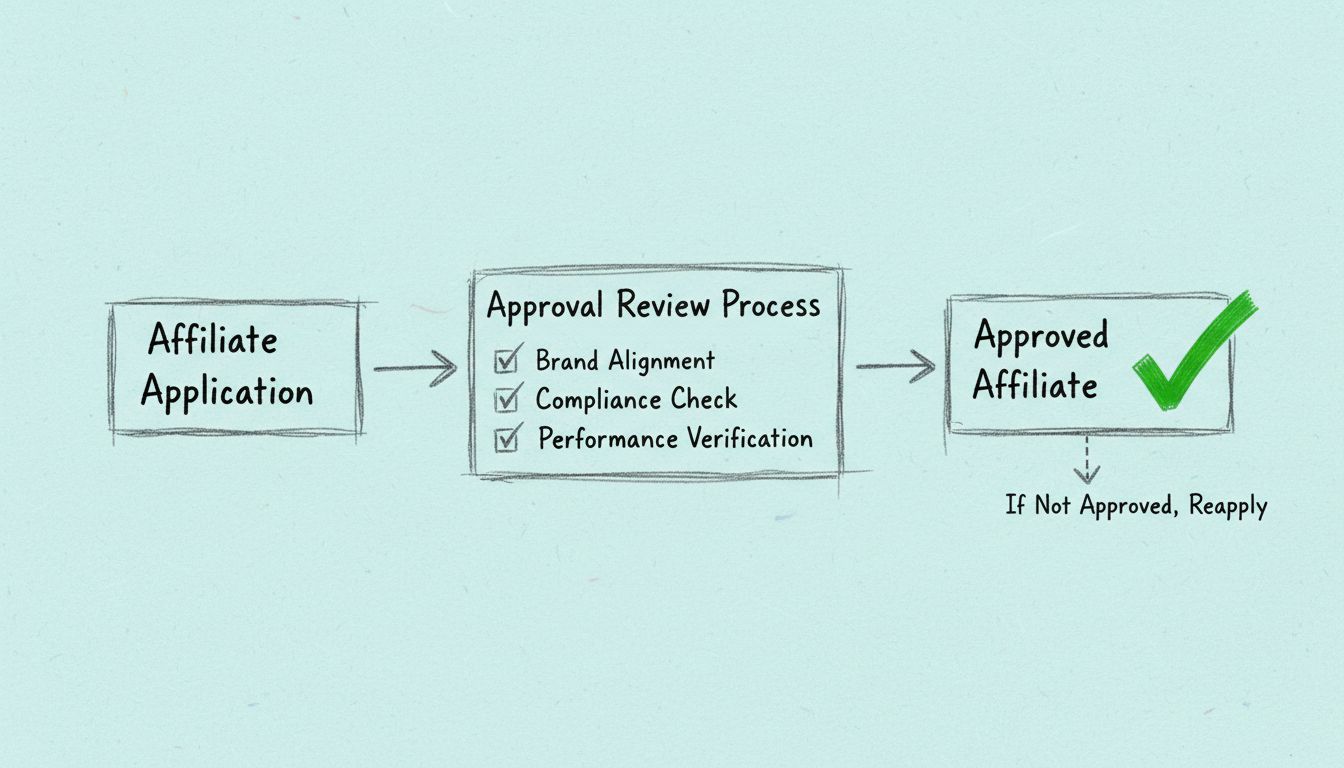 Diagrama do fluxo de trabalho do processo de aprovação de afiliados mostrando as etapas de aplicação, revisão e aprovação
