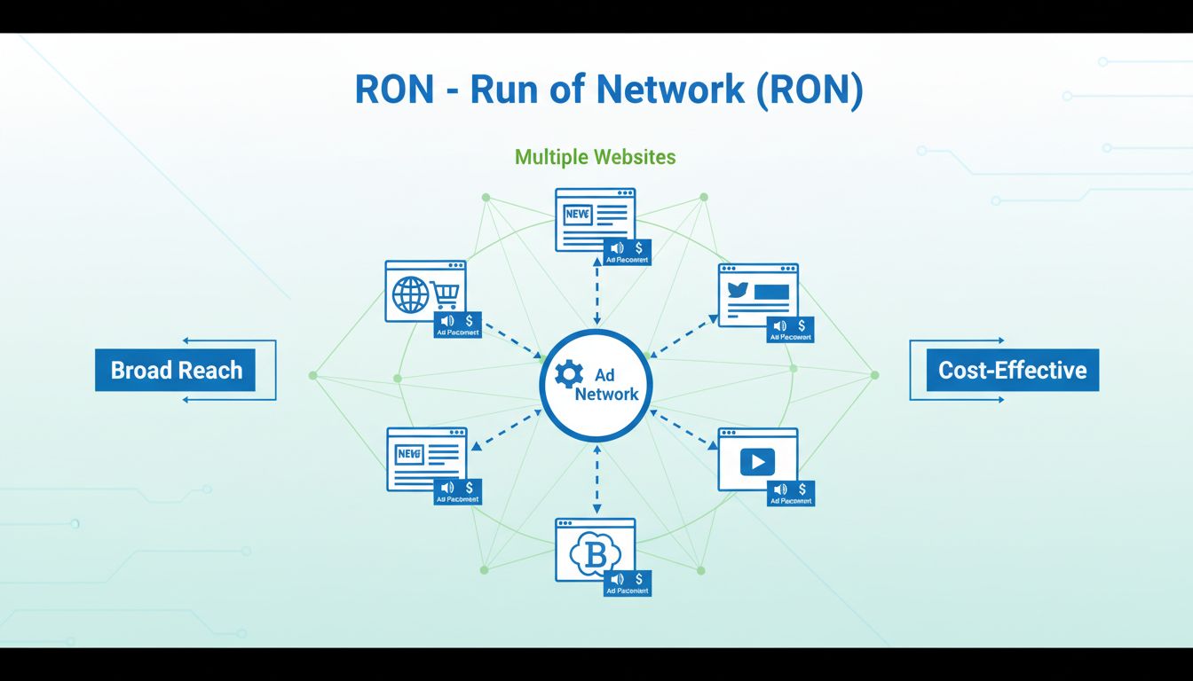 Diagrama da estratégia de publicidade RON Run of Network mostrando múltiplos sites conectados em uma rede com veiculações de anúncios distribuídas entre eles