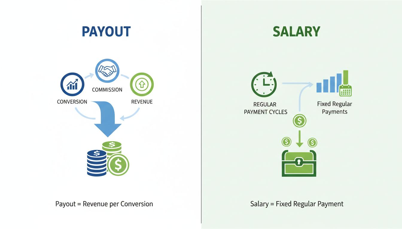 Infográfico comparativo mostrando a diferença entre pagamento e salário no marketing de afiliados