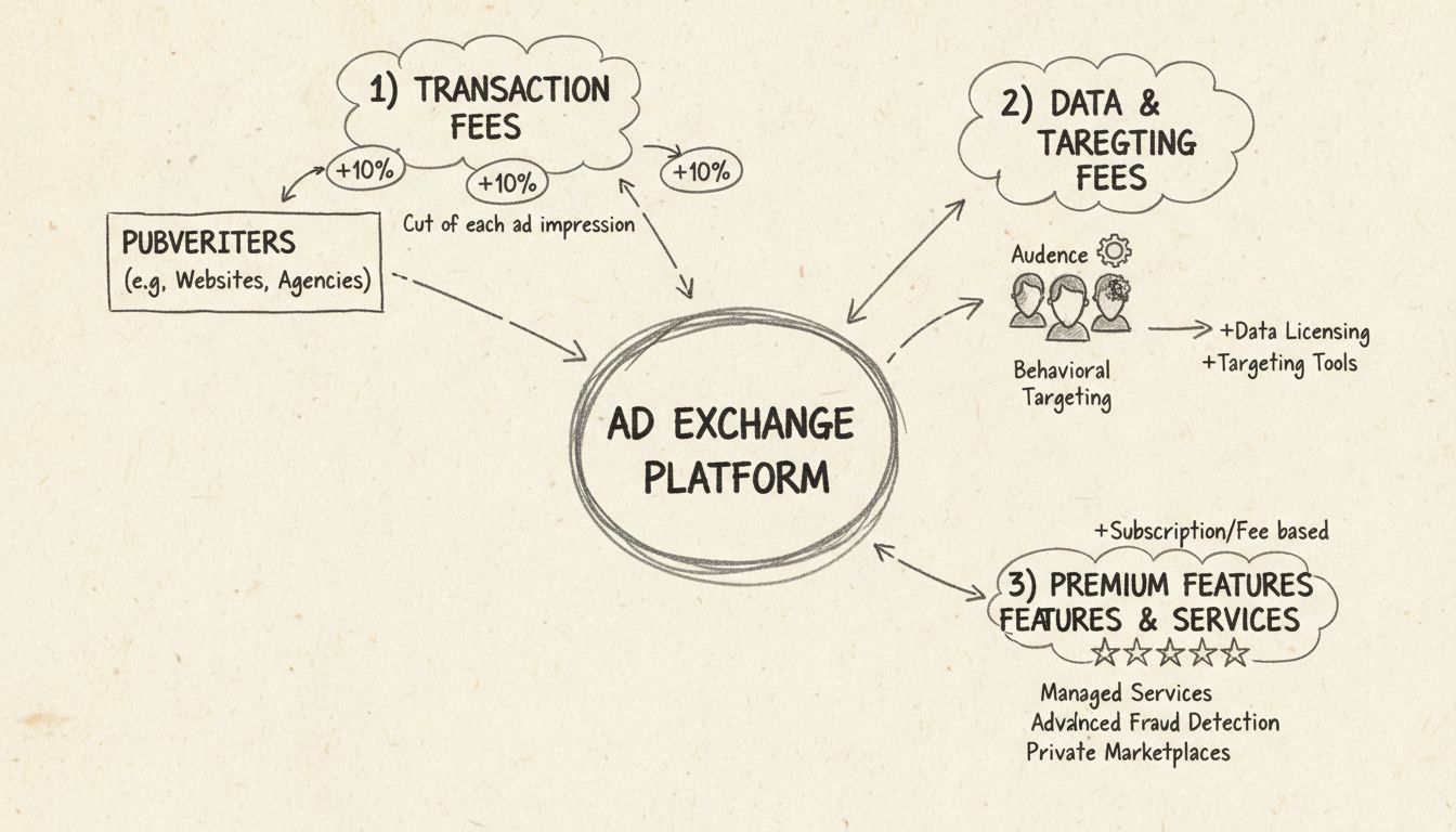Diagrama feito à mão mostrando fluxos de receita de ad exchange incluindo taxas de transação, serviços de dados e recursos premium