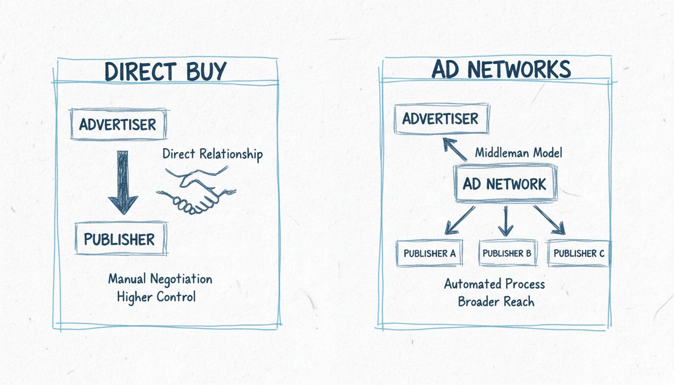 Diagrama comparativo mostrando modelos de Compra Direta à esquerda e Redes de Anúncios à direita, com relacionamento direto e modelo intermediário