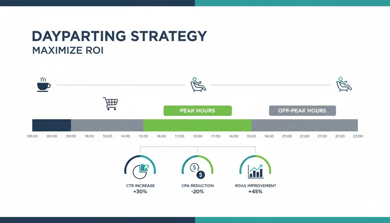 Infográfico de estratégia de dayparting mostrando linha do tempo de 24 horas com horários de pico e de baixa, métricas de desempenho incluindo aumento do CTR, redução do CPA e melhora do ROAS