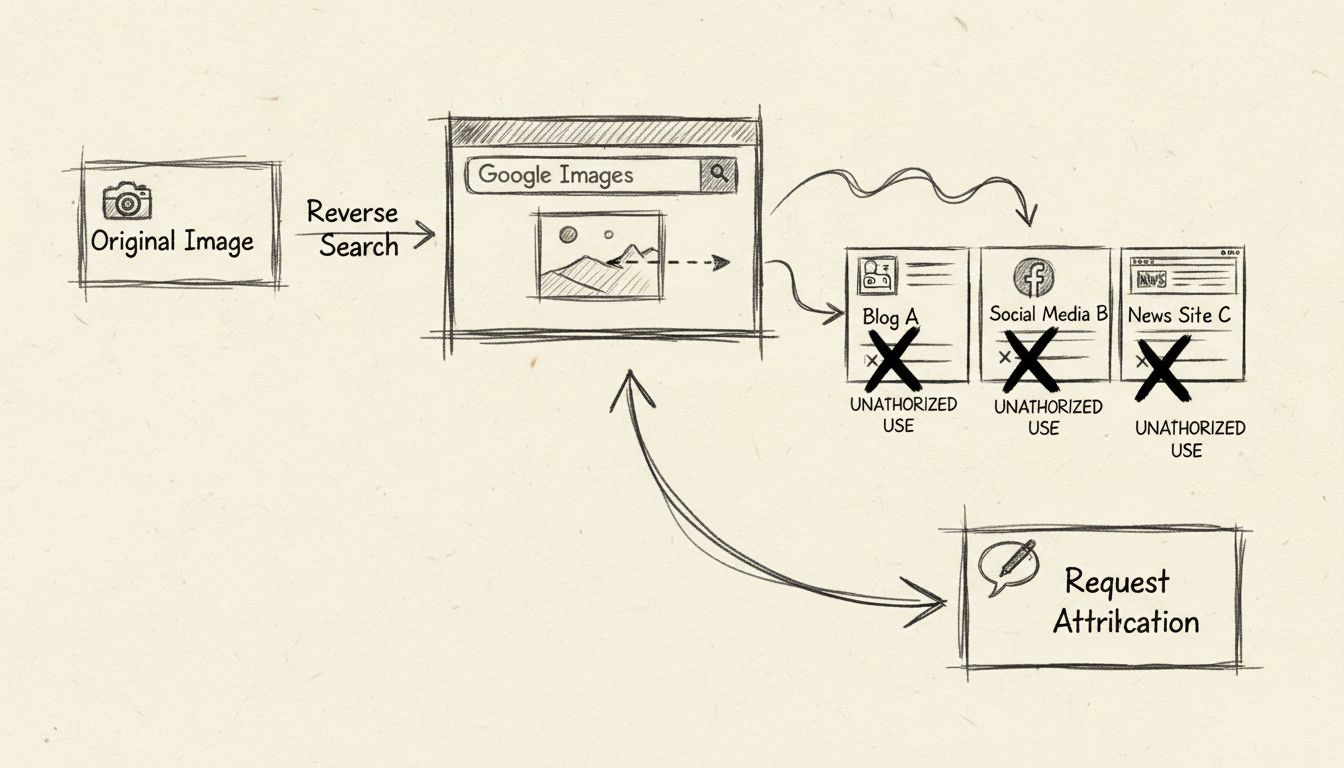 Diagrama do processo de busca reversa de imagens mostrando como encontrar imagens sem crédito em vários sites